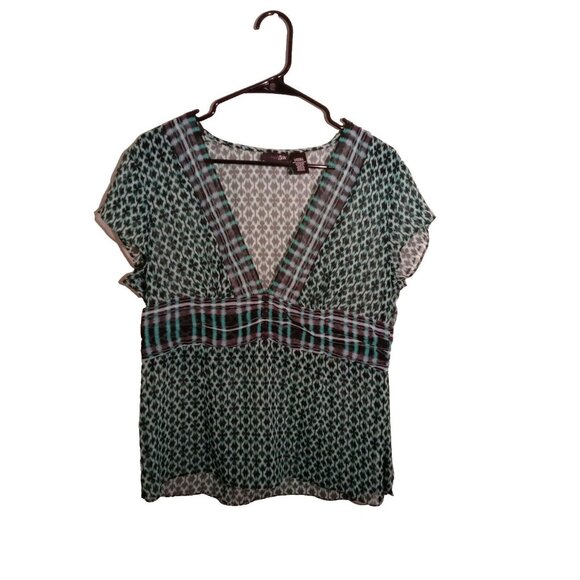 East 5th Blouse Womens Large Green Black Printed Sheer Short Sleeved V Neck - Picture 1 of 6